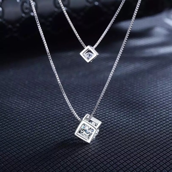 925 Sterling Silver double square Necklace - Picture 2 of 5